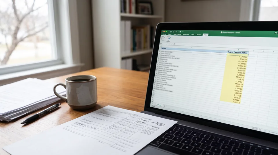Laptop showing yearly vendor payment totals next to tax forms on an accounting desk