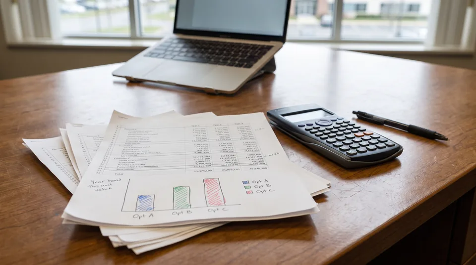Printed three year cost comparison of three AP software options on a controller's desk