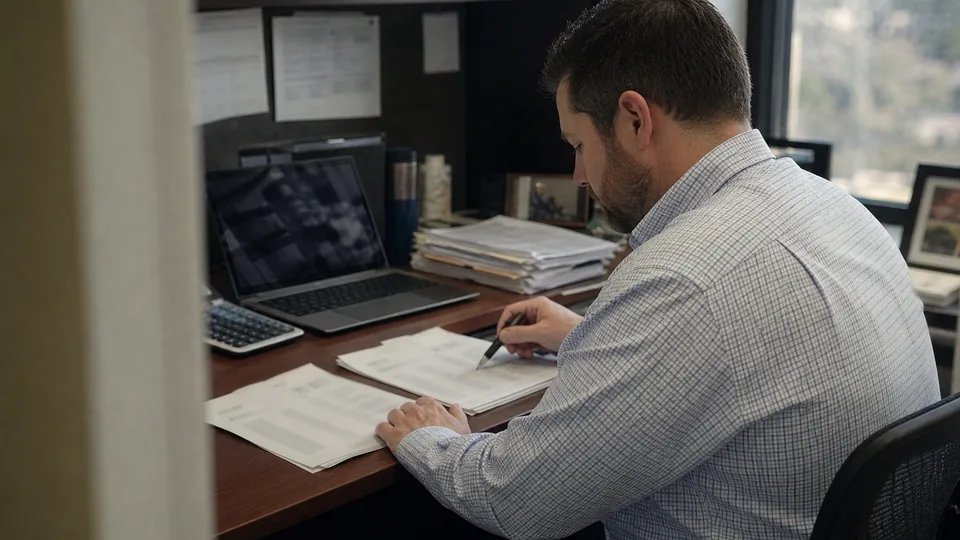 Controller comparing two printed AP automation vendor quotes side by side at a desk with a laptop
