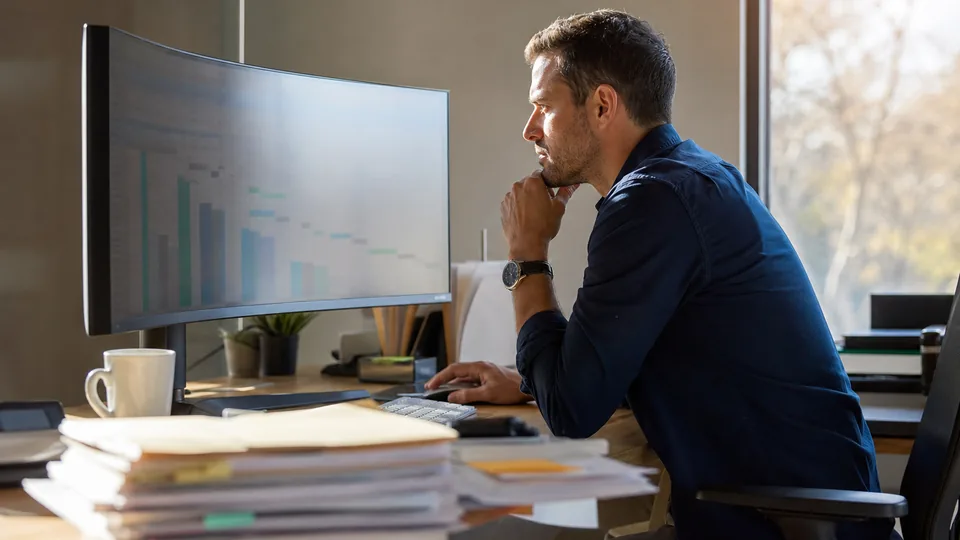 Controller reviewing a weekly cash flow forecast next to a stack of vendor invoices