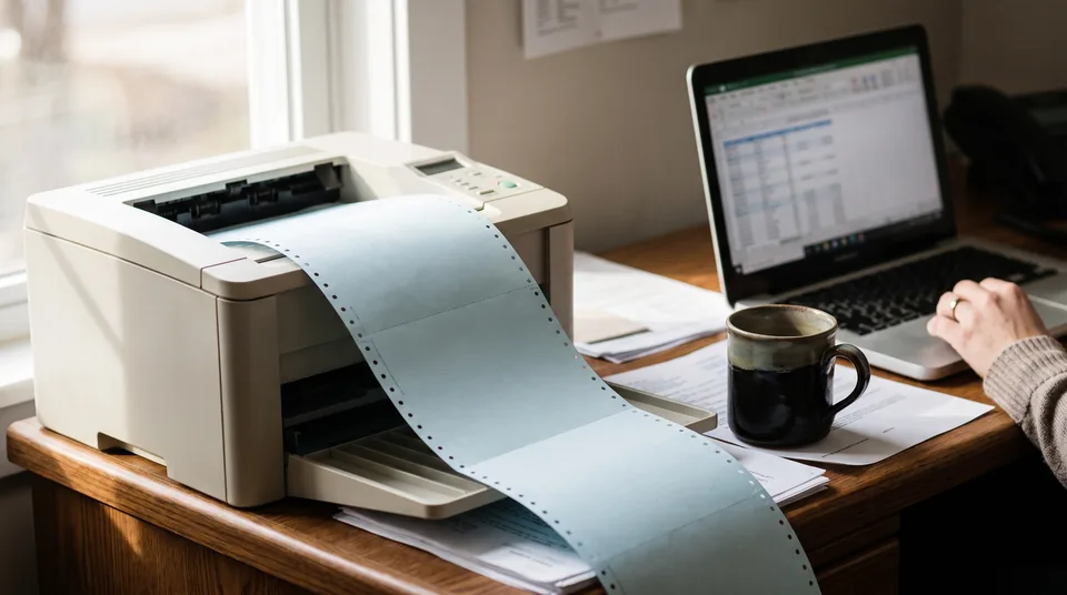 Check stock printing beside a laptop with a payment run list