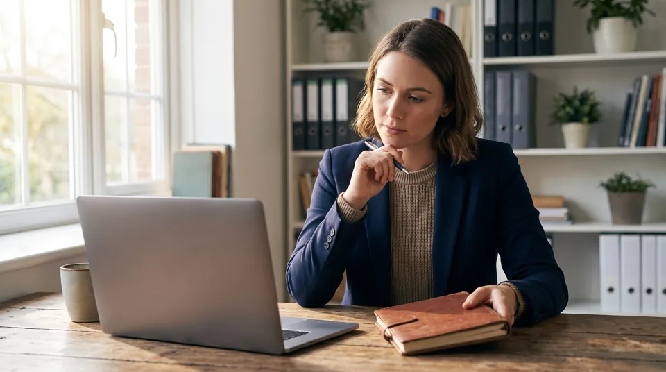 Finance manager weighing vendor payment software options at her desk