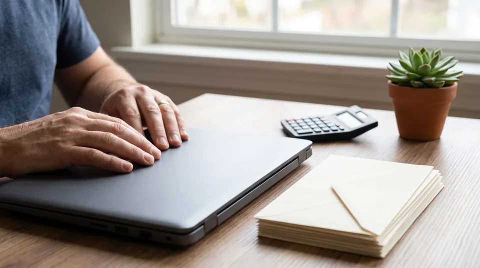 Bookkeeper's desk with a laptop and vendor payment envelopes ready for an ACH run