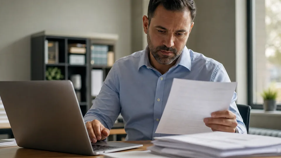 AP manager comparing a printed e-invoicing vendor quote with a cost spreadsheet